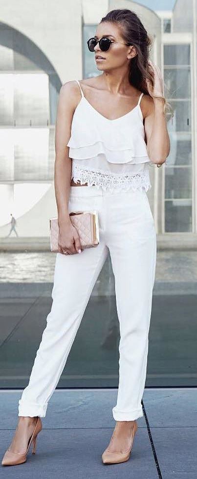 amazing casual style: top + pants + heels + bag