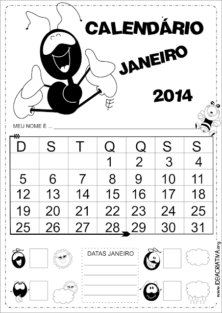 Calendários Janeiro Smiliguido para Colorir