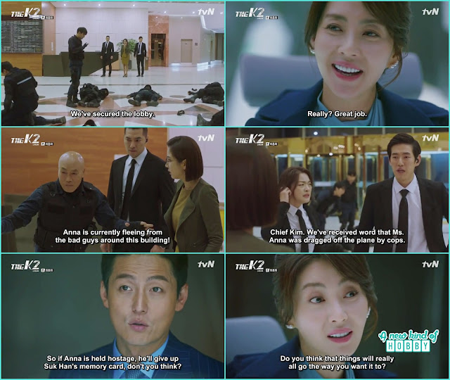  sectary kim knock down president kwang so men in the lobby after that master song come and told an na was in jss headquarters then j4 and k1 come  and told an na got kidnapped from the airplane - The K2 - Episode 16 Finale (Eng Sub)