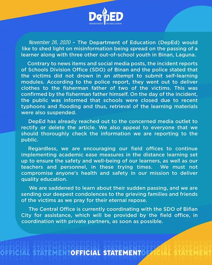 DepEd denies learning module caused the death of a student in Biñan, Laguna