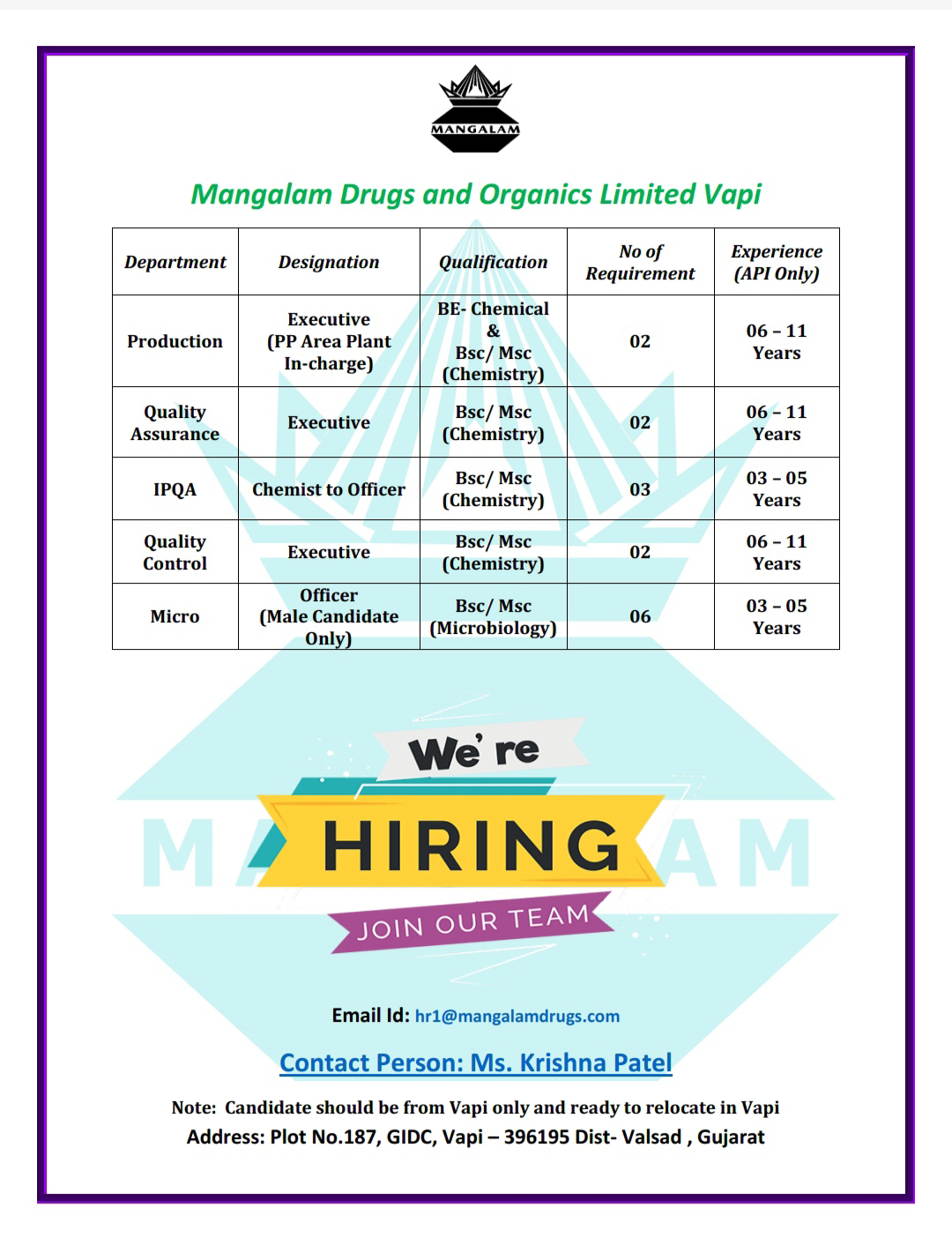 Job Available's for Mangalam Drugs and Organics Ltd Job Vacancy for Production/ QA/ IPQA/ QC/ Microbiology Department