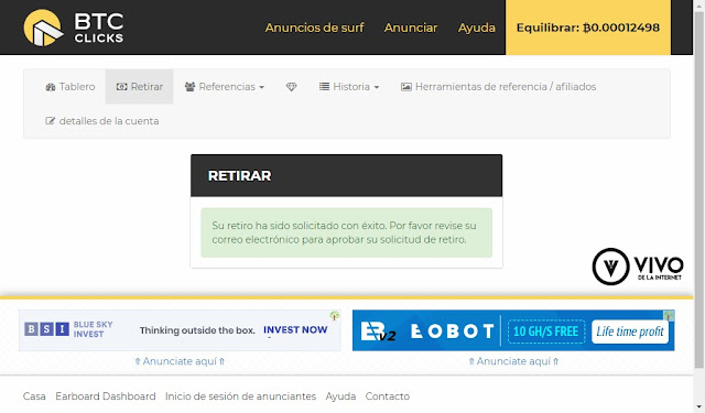 Solicitud de transferencia a cartera CoinPayments satisfactoria, confirmar en correo.