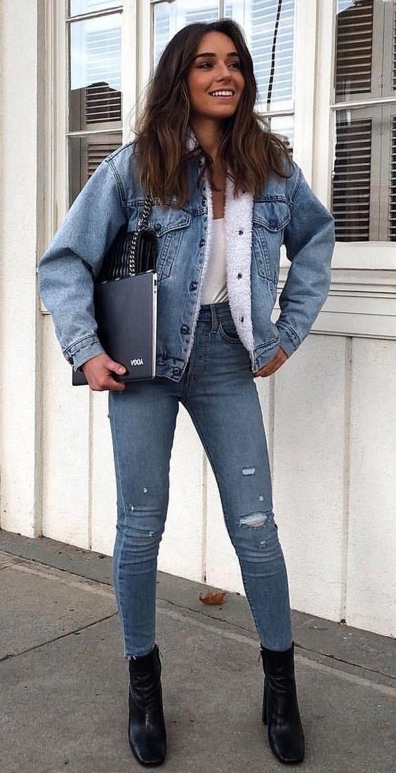 best winter outfit / bag + denim jacket + top + skinnies + boots