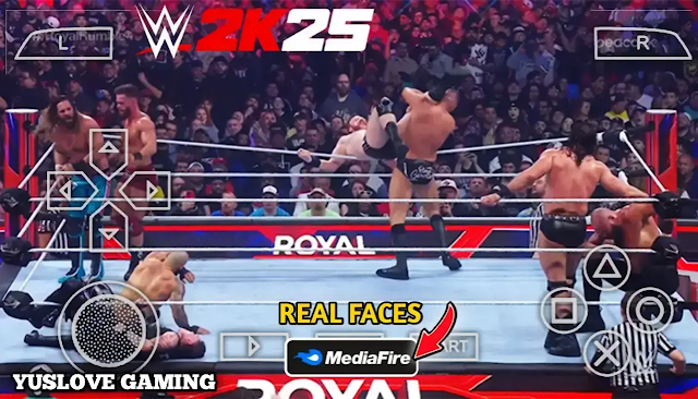 Realistic WWE 2K25 PSP Royal Rumble gameplay mod with real faces, HD textures, and PPSSPP controls.
