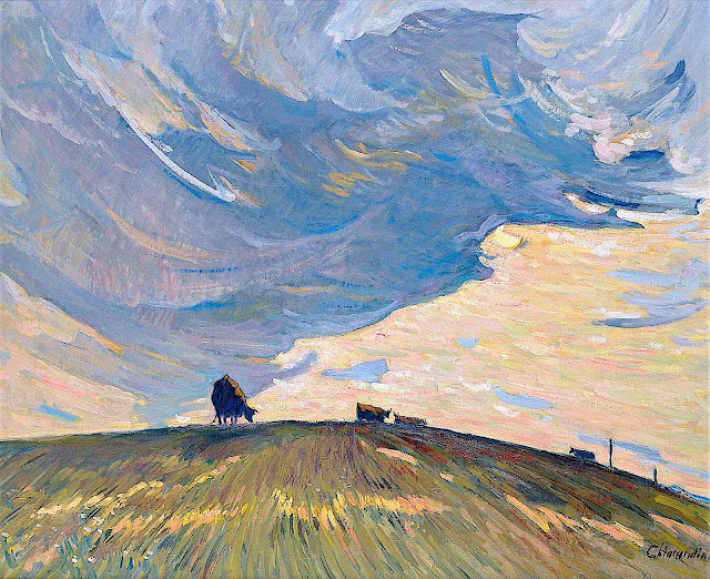 Albert Chiarandini art, cattle on a windy hill with big sky