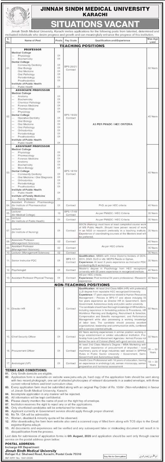 Jinnah Medical University Karachi Sindh Jobs 2020