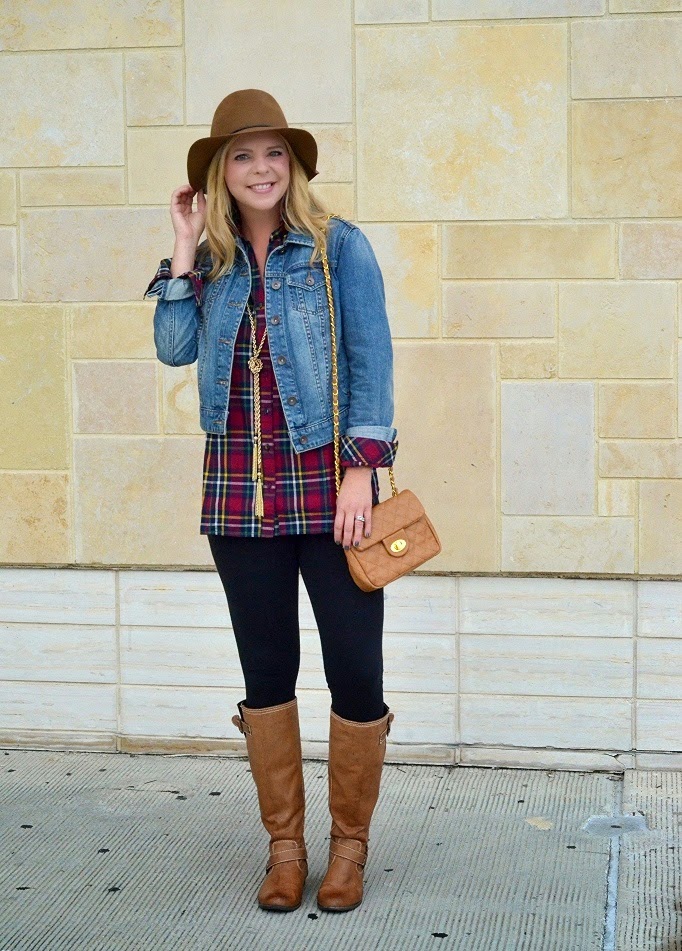 Golden Tote PLaid Top with Denim Jacket and Riding Boots - Rustic Style