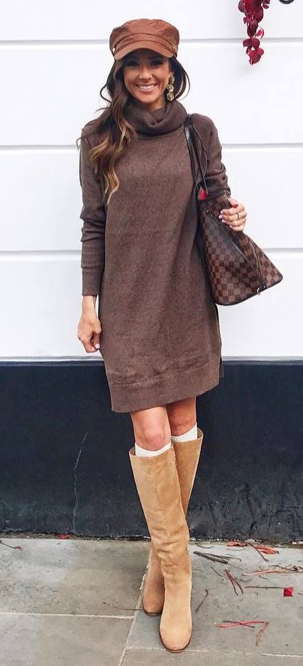 fashionable outfit _ hat + brown sweater dress + high boots