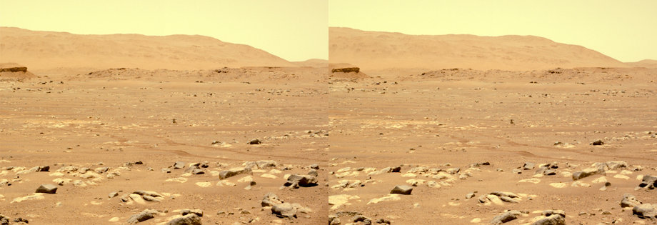 Stereo photo: Ingenuity helicopter as seen from the Van Zyl overlook. The helipad sits in a shallow valley. NASA/JPL, sol 58, 19 April 2021.