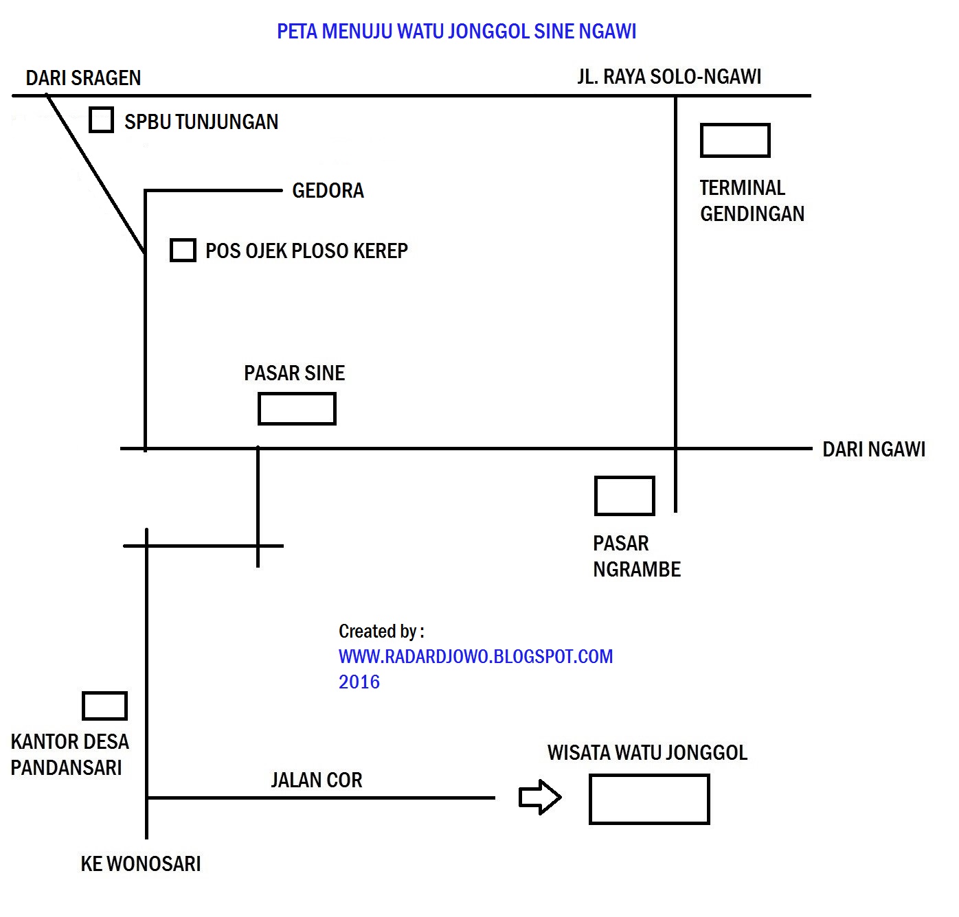 Peta menuju Wisata Watu Jonggol. FOTO: Tri Handoko/Radar DJowo/2016