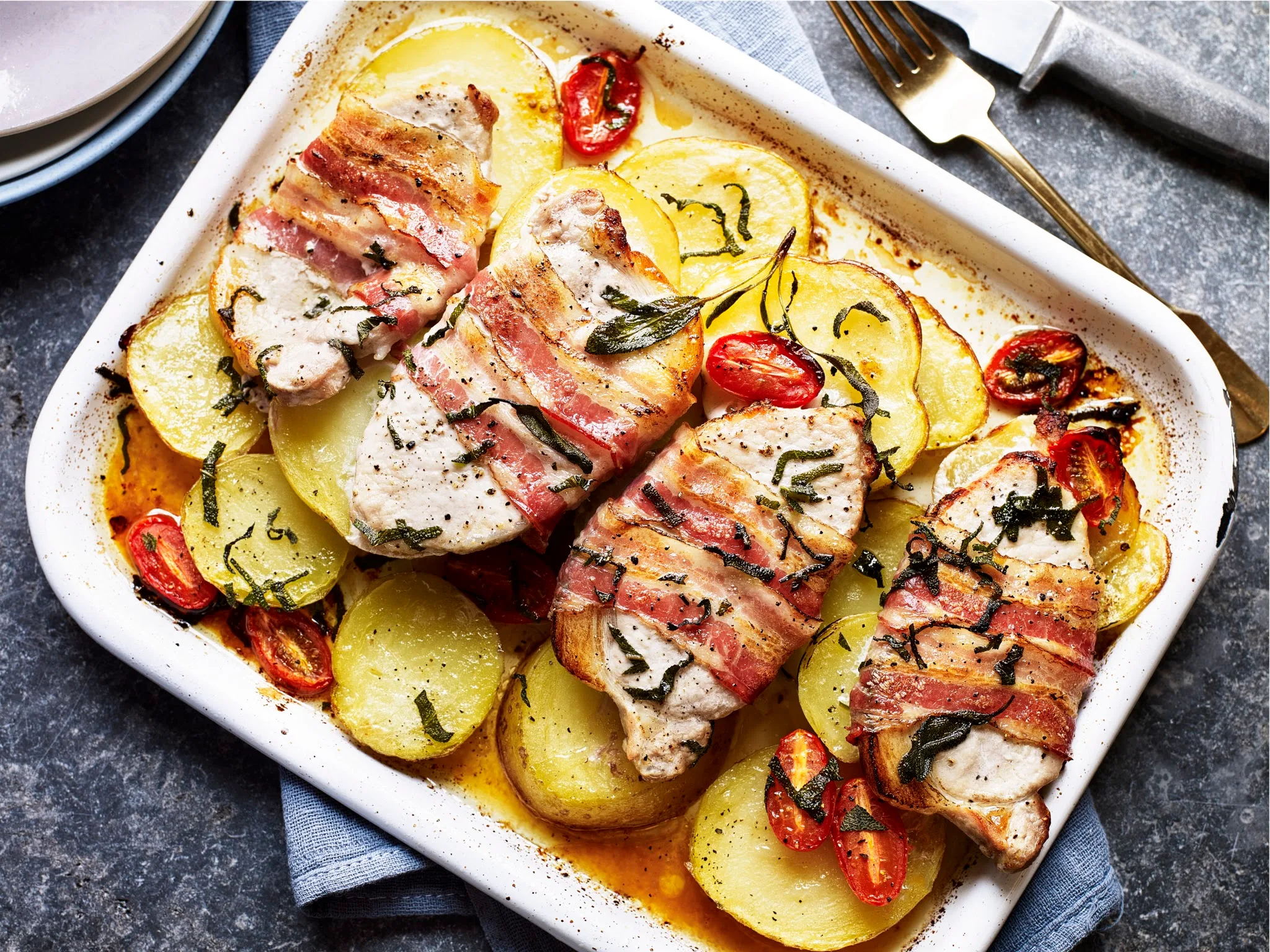How To Make Tuscan Potatoes With Pork Loin Steaks And Pancetta: