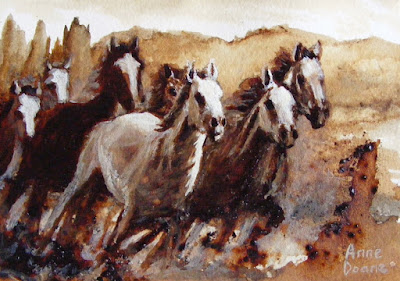 coffee and gouache painting of wild horses, 5" x 7", prints available on Fine Art America, copyright Anne Doane 2018