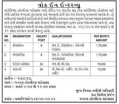 General Hospital Mehsana Recruitment for 100 Physician, Anesthetist, Medical Officer & Staff Nurse Posts 2020