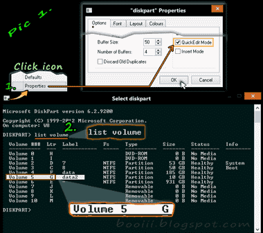 1.Select QuickEdit Mode.  2.Line1: Type list  voluoe.