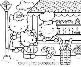 B and W simple clipart a day at the shops yummy bread cake Hello Kitty coloring pages free printable