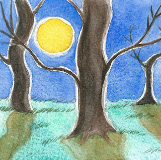 Trees in moonlight watercolor painting