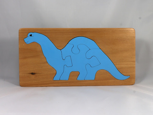 Wood Dinosaur Tray Puzzle, Handmade and Finished with Amber Shellac and Baby Blue Acrylic Paint