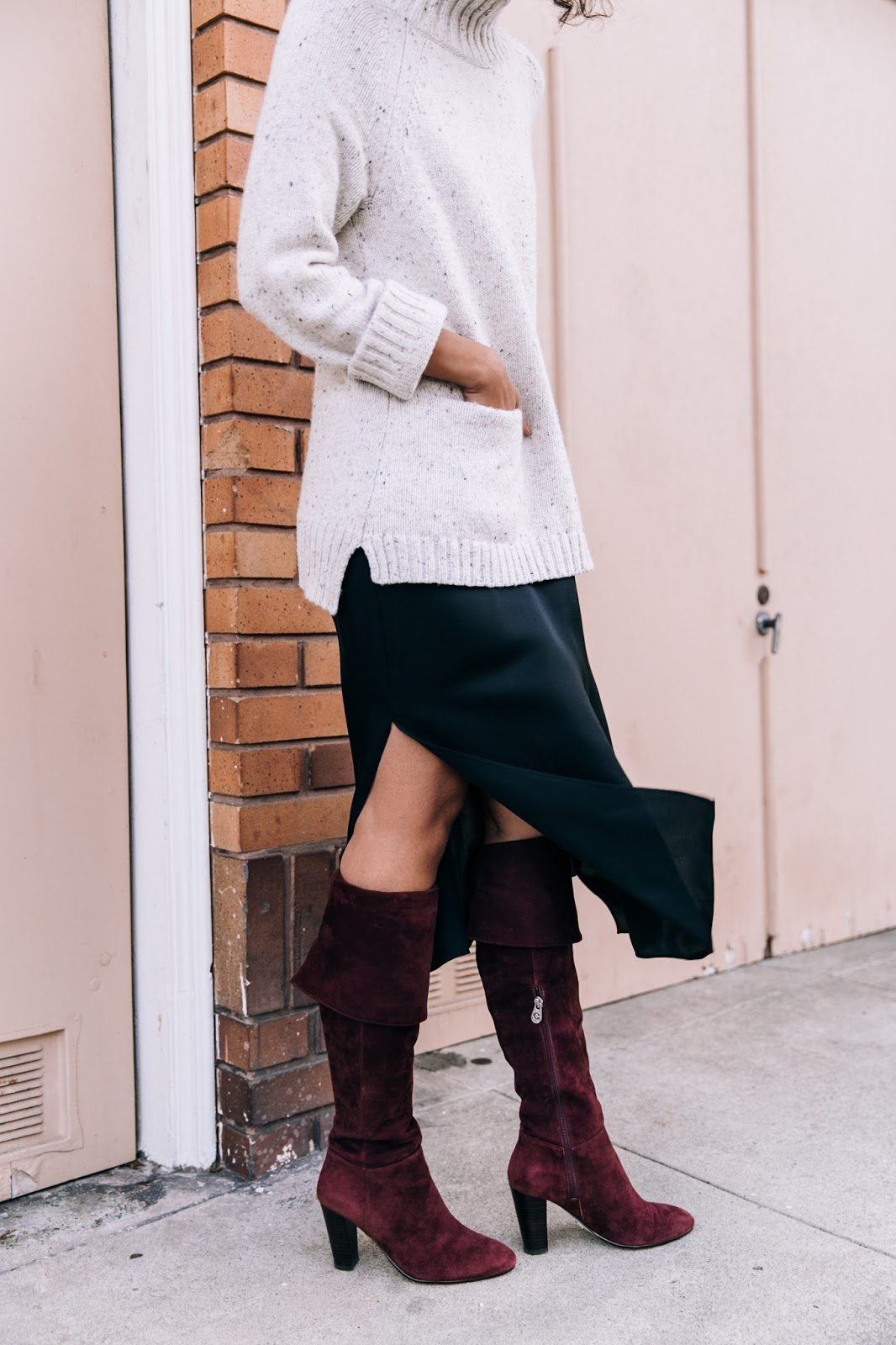 Pancake Stacker wearing J.Jill Sweater,  H&M hat, Grana silk slip dress, and OTK boots 