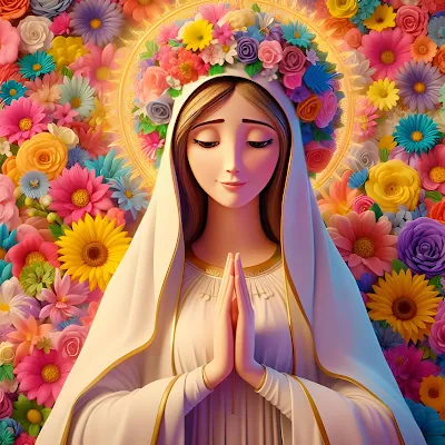 la Virgen María en diferentes estilos rodeada de flores de diferentes colores