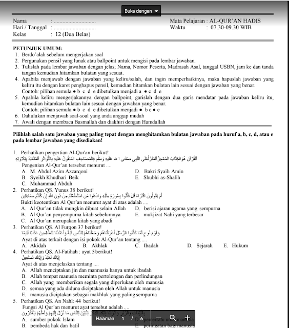 40+ Contoh Soal Ujian Madrasah (UM/AM) AL QUR’AN HADITS Tahun2023 Jenjang MA