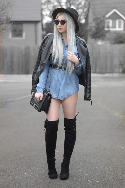 Sammi Jackson - Primark Black Fedora / Zaful Sunglasses / Shein Biker Jacket / Everything5pounds Denim Shirt / ASOS Double Buckled Belt / OASAP Quilted Flap Bag / Boohoo Thigh High Suede Boos 