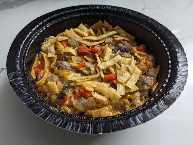 Moe's Southwest Grill Beef Tortilla Bowl Frozen Meal three-quarters view.