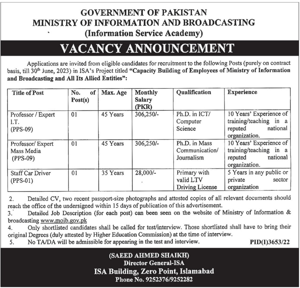 Ministry of Information and Broadcasting MOIB Jobs 2023 Latest Advertisement