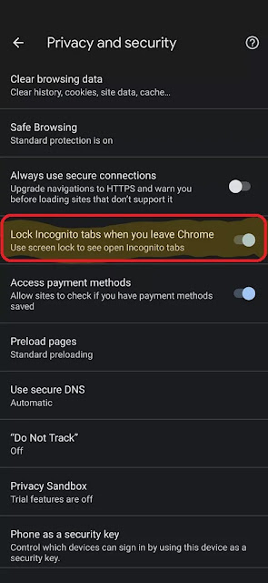 Incognito tabs lock setting image