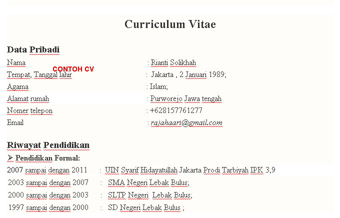 Contoh Cara Membuat CV / Curriculum Citae Yang Baik dan 