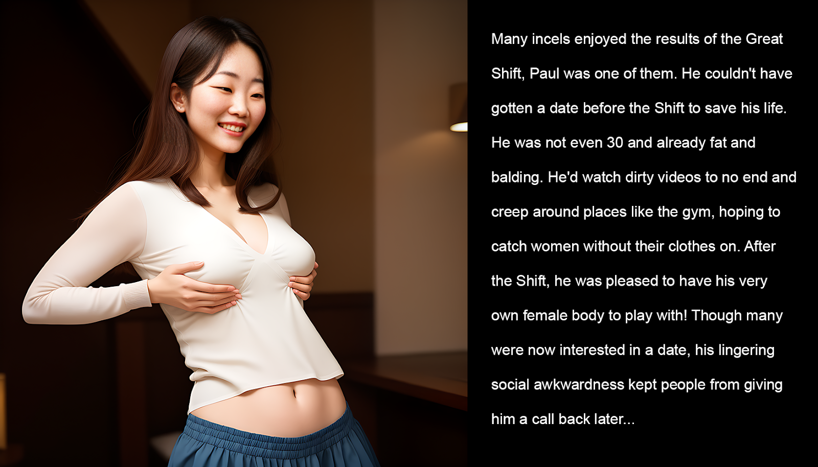 Many incels enjoyed the results of the Great Shift, Paul was one of them. He couldn't have gotten a date before the Shift to save his life. He was not even 30 and already fat and balding. He'd watch dirty videos to no end and creep around places like the gym, hoping to catch women without their clothes on. After the Shift, he was pleased to have his very own female body to play with! Though many were now interested in a date, his lingering social awkwardness kept people from giving him a call back later...