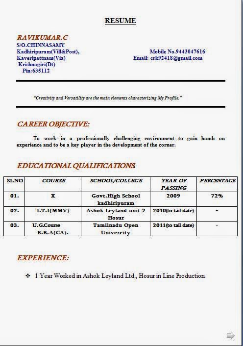 Iti Student Resume Format Anjinho B