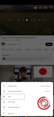 Silakan kalian tekan tombol gerigi yang ada di pojok kanan video lalu pilih Teks
