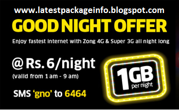 Zong Good Night Offer 1GB Internet - Rs. 6 Per Night