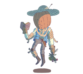 a floating pumpkin headed friend holding a bouquet of flowers and a book labeled "Die-ary"