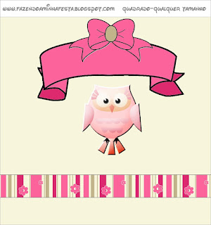 Pink Owl With Flowers and Stripes: Free Printable Candy Bar Labels for Quinceanera Party.