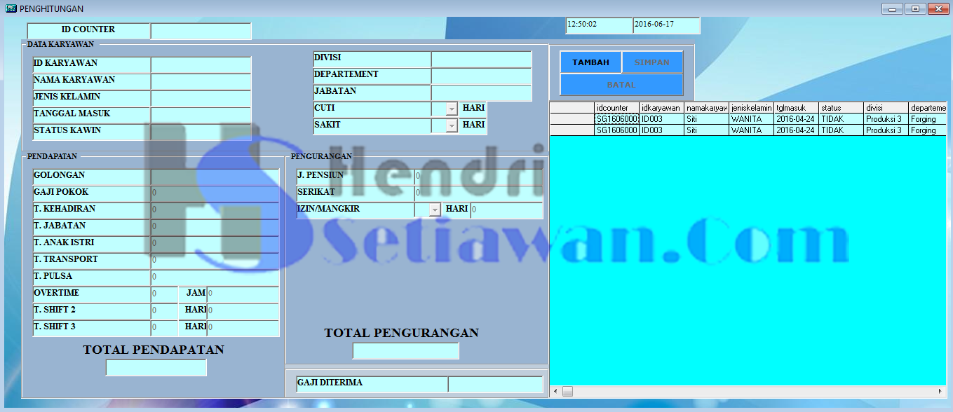 Source code aplikasi: Contoh Program Aplikasi Penggajian 