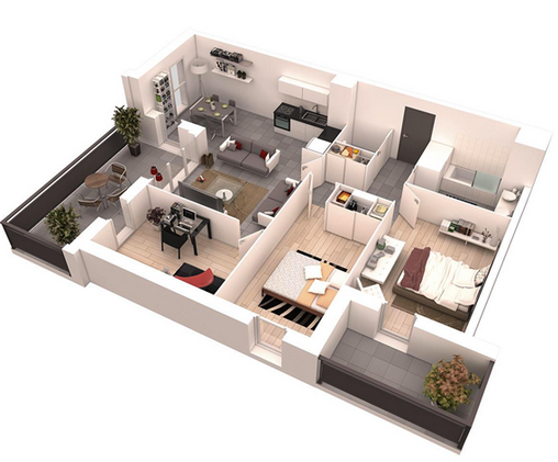 Desain Denah Rumah Minimalis 2 Kamar Terbaru 3D