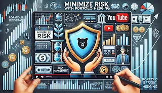 A professional YouTube thumbnail visually representing "Minimize Risk with Portfolio Hedging." The image features financial protection symbols such as a shield, stock market graphs, risk management icons, and diversified investment assets like stocks, bonds, gold, and real estate.