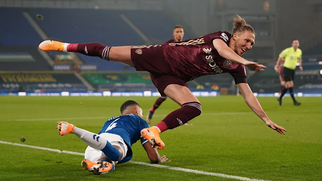 Leeds player in full flight against Everton