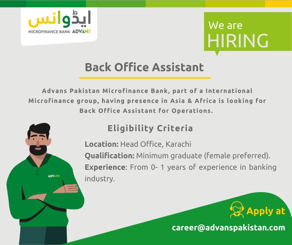 ADVANS Pakistan Microfinance Bank Ltd Announced jobs for Back Office Assistant
