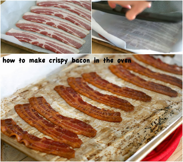 Lay bacon on a pan lined with parchment paper. Put another pan of the same size ON TOP of the bacon to keep the slices from shrinking. It also helps make the pieces extra crispy. 