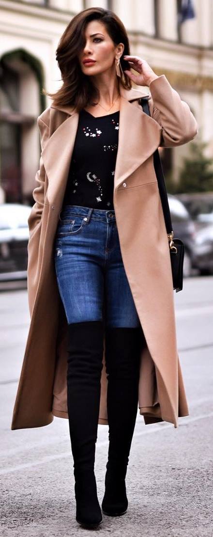 fashion trends / long coat + skinnies + bag + over knee boots + printed sweater