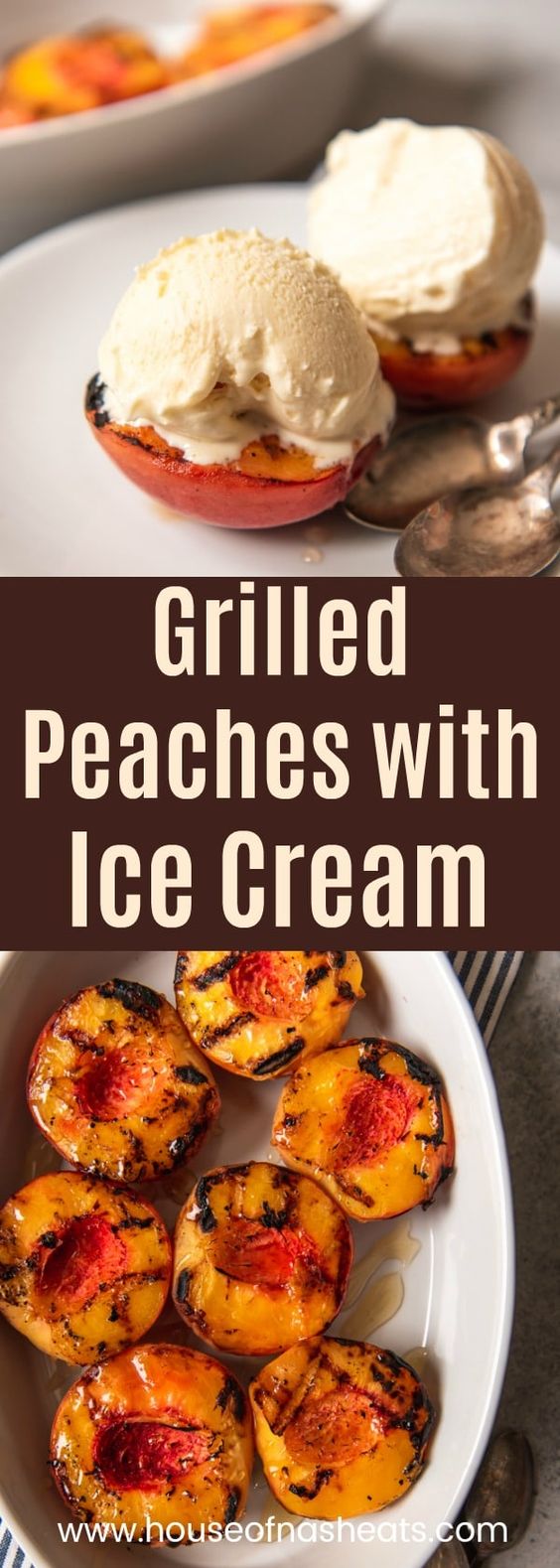 Grilled Peaches with Ice Cream is a perfectly sweet and juicy treat and one of the best summer dessert recipes to use this fantastic fruit from the farmer's market. #farmersmarketweek #farmersmarkets #farmersmarket #peaches #alamode #icecream #summer #grilled #grilling #easy #summer #fruit #recipe