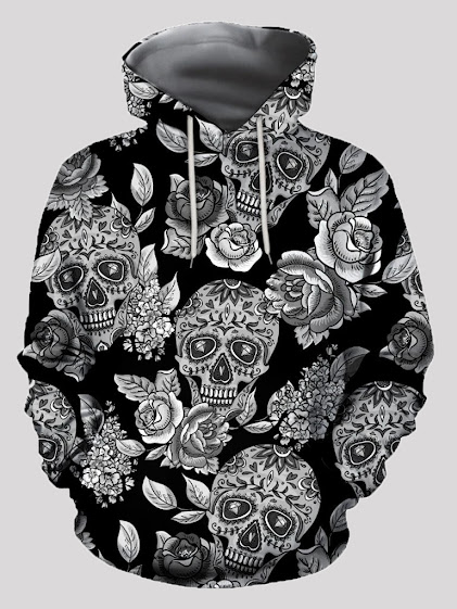 LW Men Rose Flower Skull Head Print Hoodie