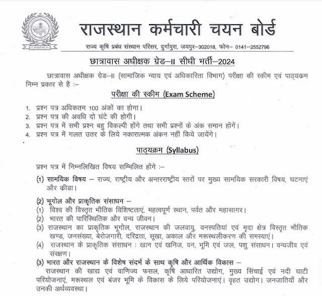 Rajasthan Hostel Superintendent Syllabus 2024