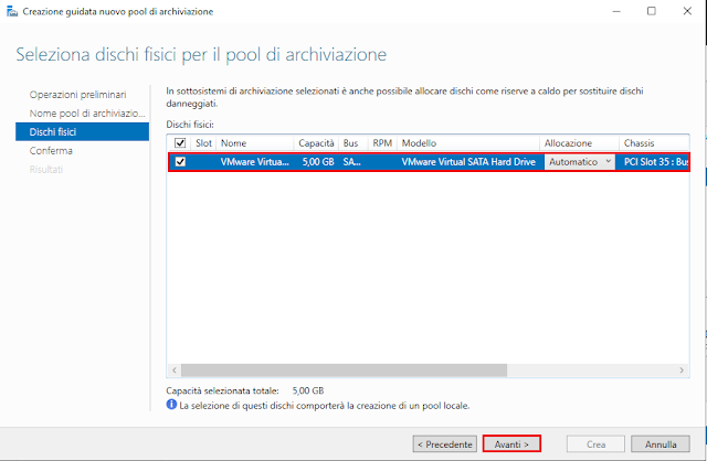 Seleziona dischi fisici per il pool di archiviazione