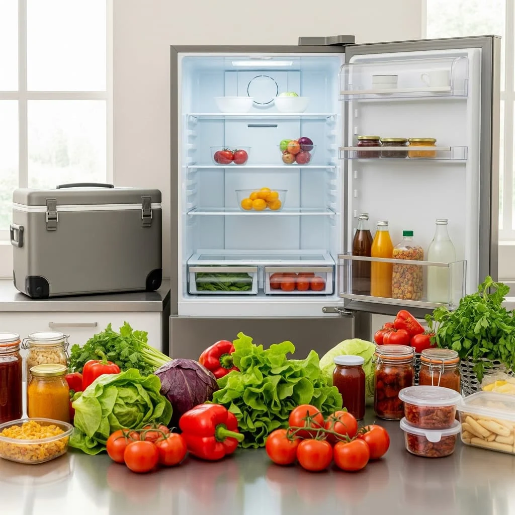 Empty refrigerator with food sorted on the kitchen counter before cleaning.