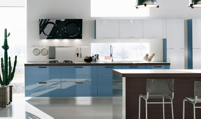 Modern kitchen with brown red blue theme, area by stoso-19