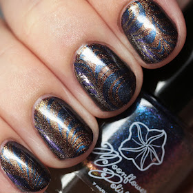 Moonflower Polish Mystique stamped over Hidden Rose using Hehe 37