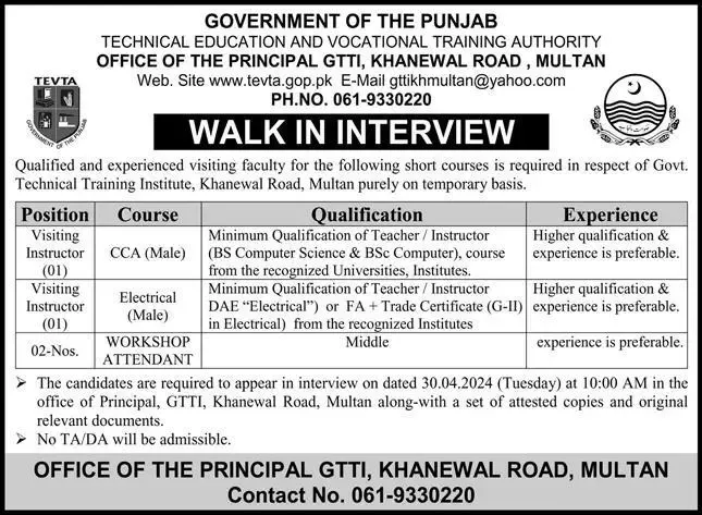 TEVTA Punjab Jobs 2024 Latest Advertisement